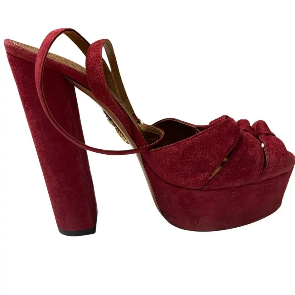 Aquazzura Mira Red Suede Platform Heels IT 37.5 US 7.5 Block Slingback Sandals